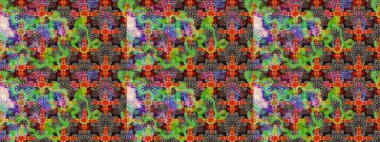 Tekstil tasarımı için yeşil ve bej renkli geleneksel halk çiçekleri buketi. Üzerinde gelincikler ve vadi zambakları olan renkli çiçek desenli nakış..