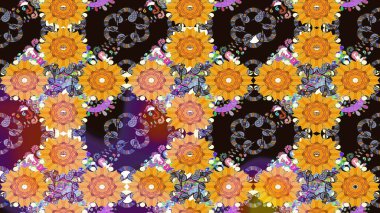 Sarı ve gri renklerde. Çiçek buketleriyle klasik tarzda kusursuz desenler. Raster illüstrasyonu.