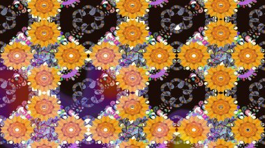 Sarı ve gri renklerde. Çiçek buketleriyle klasik tarzda kusursuz desenler. Raster illüstrasyonu.