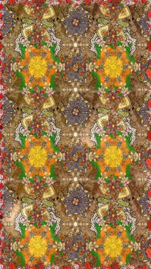 Raster illüstrasyonu. Kahverengi renkli çiçekler. El çizimi çiçekli soyut çizim deseni.