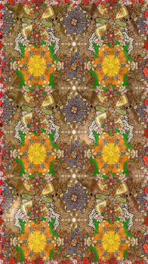 Raster illüstrasyonu. Kahverengi renkli çiçekler. El çizimi çiçekli soyut çizim deseni.