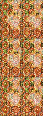 Kusursuz desenli oryantal süs. Çiçek kiremitleri. Turuncu renklerde altın desenli, altın elementli. Raster altın tekstil baskısı. İslam tasarımı.