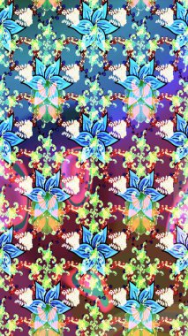 Renkli Yaz Temalı eskiz kalıbı. Düz Çiçek Elementleri Tasarımı. Mavi renkli çiçekler. Çiçekli retro deseni çiz.