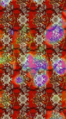 Kahverengi ve kırmızı arka planda. Çocuksu tasarım. Tekstil, kumaş, ambalaj, hatıra defteri için hoş bir çiçek arkaplanı. Elle çizilmiş karalama çiçekleri ile Raster çizim deseni.