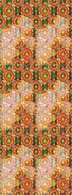 Çiçekli süslemeli, pürüzsüz bir desen. Süslü dantel iz sürücü. Turuncu renkli geleneksel Arap dekoru. Duvar kâğıdı için altın süslü bir illüstrasyon. Doğu tarzında vintage tasarım ögesi.