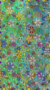 Modern çiçek arkaplanı. Moda baskıları için zarif bir şablon. Parlak renkli çiçekleri ve yeşil ve mavi renklerde yaprakları olan şaşırtıcı, pürüzsüz çiçek deseni. Halk stili.