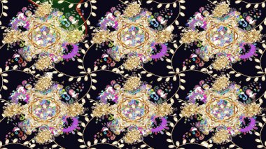 Asya tekstil tarzında. Güzel kumaş deseni. Raster illüstrasyonu. Renkli Bahar Teması eskiz kalıbı. Düz Çiçek Elementleri Tasarımı. Çiçek desenini çiz.