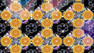 Tekstil, kumaş, ambalaj, hatıra defteri için hoş bir çiçek arkaplanı. Çocuksu tasarım. Elle çizilmiş çiçek desenli Raster çizimi. Sarı arkaplanda.