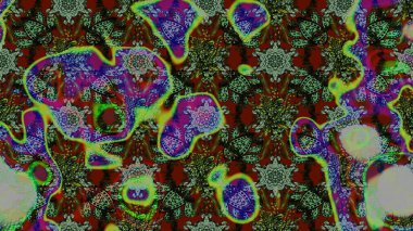 Çok yeşil, gri ve kahverengi zarif küçük çiçekler ve yeşil, gri ve kahverengi renkli komik böcekler, raster desen, illüstrasyon.