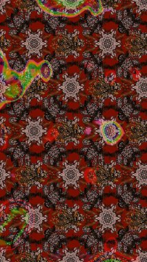 Çiçek deseni. Şatafatlı bahar bahçesi dokusu. Raster illüstrasyonu. Kahverengi, kırmızı ve siyah renkler üzerine çiçek çizimi. Kahverengi, kırmızı ve siyah renkte çiçekler.