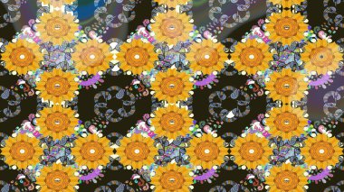 Raster illüstrasyonu. Sarı renkte karalamalı çiçek deseni çiz..
