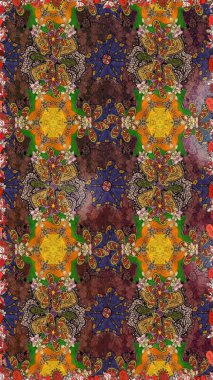 Kahverengi arka planda. Çocuksu tasarım. Elle çizilmiş çiçek desenli Raster çizimi. Tekstil, kumaş, ambalaj, hatıra defteri için güzel çiçek arkaplanı..