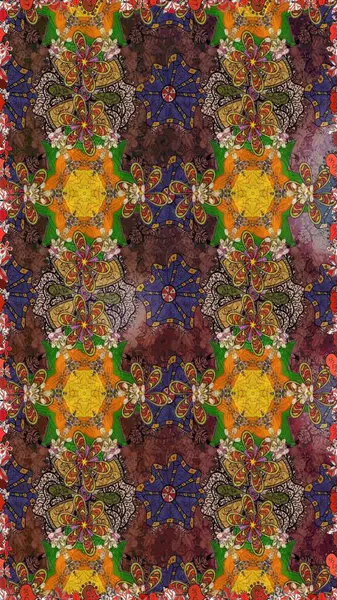 Kahverengi arka planda. Çocuksu tasarım. Elle çizilmiş çiçek desenli Raster çizimi. Tekstil, kumaş, ambalaj, hatıra defteri için güzel çiçek arkaplanı..