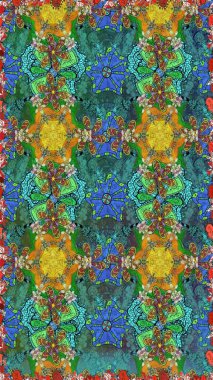 Yeşil ve mavi renklere karalamalar çizen kusursuz çiçek deseni. Raster illüstrasyonu.