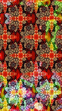 Raster illüstrasyonu. Kırmızı ve siyah renklerde Asya tekstili. Çiçek desenini çiz.