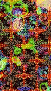 Raster illüstrasyonu. Şirin çiçekli eskiz deseni ve siyah ve kahverengi renkli yapraklar, suluboya çiçek deseni, duvar kağıdı, kart veya kumaş için fayanslı.