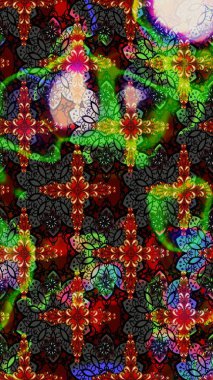 Çiçekli karalama şeklinde Raster çiçek deseni. Raster illüstrasyonu. Yumuşak, yaz çiçekleri siyah ve yeşil renklerde.