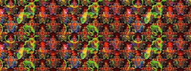 Raster - stok. Eskiz arkaplan modeli. Yapraklı çiçekler ve papatya çiçekli siyah ve kahverengi renkler.