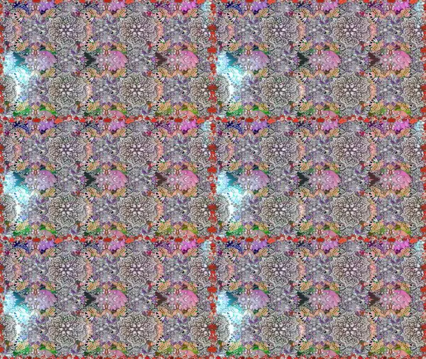 Raster illüstrasyonu. Gri ve nötr renklerde Asya tekstil tarzında. Çiçeklerle suluboya desenleri.