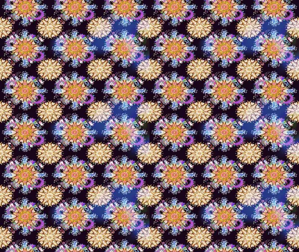 Eskiz geçmişi. Eski usul. Kumaş, tekstil, duvar kağıdı baskısı için. Renkli desenli eskiz deseni, siyah çiçekler ve dekoratif elementlerle. Raster illüstrasyonu.