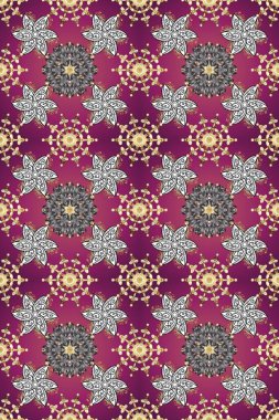 Noel ve yeni yıl moda baskıları için tatil tasarımı. Kar tanelerinin soyut arkaplanlı Noel şablonu. Mor, gri ve bej kar taneleri. Raster illüstrasyonu.