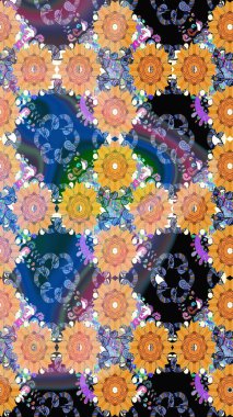 Şirin çiçekli eskiz deseni ve mavi renkli yapraklar, suluboya çiçek deseni, duvar kağıdı, kart veya kumaş için fayanslı. Raster illüstrasyonu.