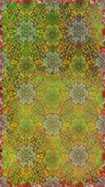 Modern yeşil ve kahverengi raster arka plan duvar kağıdı çizimi, klasik çizgili desenli desenli çiçekler, çiçekli süsler. Çiçekli el, pürüzsüz desen..