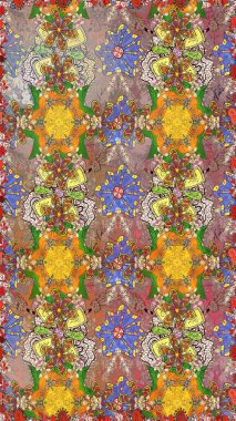 Parlak renkli çiçekleri ve kahverengi ve bej renklerinde yaprakları olan şaşırtıcı, pürüzsüz çiçek deseni. Halk tarzı. Modern çiçek arkaplanı. Moda baskıları için zarif bir şablon.