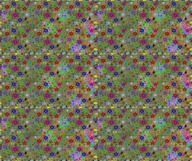 Renkli Bahar Temalı Kusursuz Arkaplan. Raster illüstrasyonunda kusursuz çiçek deseni. Süslü kumaş deseni. Düz Çiçek Elementleri Tasarımı.