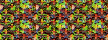 Çok yeşil ve siyah zarif küçük çiçekler ve yeşil ve siyah renkli komik böcekler, raster desen, illüstrasyon.