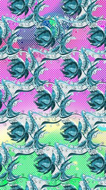 Mavi, nötr ve yeşil renkte güzel çiçekli el deseni, suluboya çiçek deseni, duvar kağıdı, kart veya kumaş için fayanslı. Raster..