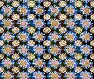 Çiçeksiz desenli arka plan, darbeler, sıçramalar, yaz çiçekleri. Tarafsız ve mavi renkte çiçekler. Raster illüstrasyonu.