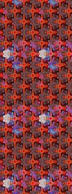 Kumaş, tekstil, duvar kağıdı baskısı için. Renkli desenli eskiz deseni, kırmızı çiçekler ve dekoratif elementlerle. Eski usul. Raster illüstrasyonu. Taslak arkaplan.