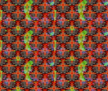 Şirin çiçekli eskiz deseni ve kırmızı renklerde yapraklar, suluboya çiçek deseni, duvar kağıdı, kart veya kumaş için fayanslı. Raster illüstrasyonu.