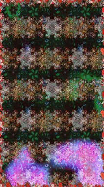 Modern çiçek arkaplanı. Moda baskıları için zarif bir şablon. Halk tarzı. Parlak renkli çiçeklerle ve gri ve kahverengi renkli yapraklarla şaşırtıcı, pürüzsüz çiçek deseni..