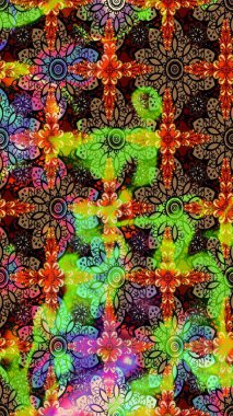 Yeşil ve kahverengi renkli bitkilerden oluşan parlak çiçekli çizim deseni.