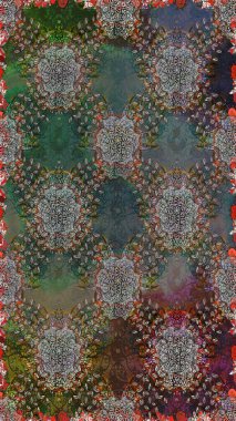 Raster illüstrasyonu. Gri renkli Asya tekstili. Kusursuz çiçek deseni.