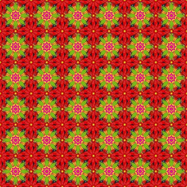 Yeşil, sarı ve kırmızı renkte çiçekler. Tropik, dikişsiz çiçek deseni. Raster illüstrasyonu.