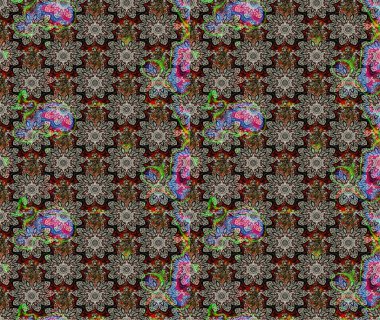 Çiçek ve yapraklı karalama şeklinde Raster çiçek deseni. Raster illüstrasyonu. Gri renkte bahar çiçekleri..