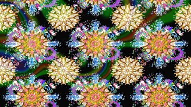 Çiçek çelengi. Eski moda arka plan. Güzel, parlak, pürüzsüz kumaş, tuval. Şablon, pürüzsüz, çiçekli kenar. Kıvırcık, parlak örgü. Raster illüstrasyonu.