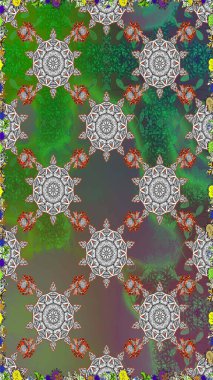 Yeşil ve gri renkli çiçekler. Asya tekstil tarzında. Raster illüstrasyonu. Kusursuz çiçek deseni. Raster illüstrasyonu.