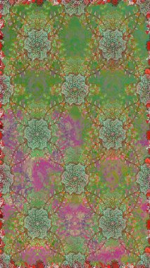 Yeşil ve nötr renklerde parlak çiçekli halı ile kusursuz desen.