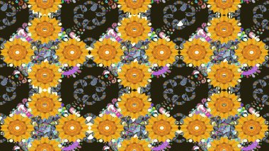Çok renkli, zarif küçük çiçekler ve sarı renkli komik böcekler, raster desen, illüstrasyon..