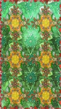 Klasik çiçek tasarımı elementleri. Raster illüstrasyonu. Yeşil ve kahverengi kıvırcık çiçekler yeşil ve kahverengi renklerde.