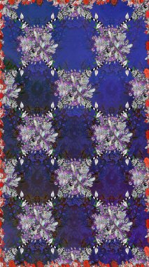 Renkli Bahar Temalı Kusursuz Arkaplan. Düz Çiçek Elementleri Tasarımı. Raster illüstrasyonunda kusursuz çiçek deseni. Mor ve gri renkte çiçekler.