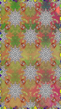 Renkli Bahar Temalı Kusursuz Arkaplan. Gri ve kahverengi renkli çiçekler. Asya tekstil tarzında. Düz Çiçek Elementleri Tasarımı. Kusursuz çiçek deseni. Raster illüstrasyonu.