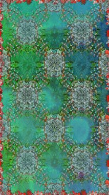 Üst manzara, yumuşak yeşil ve mavi renkli. Sevgililer günü ve tebrik kartı konsepti için şık bir davetiye. Manzaralı çiçek deseni. Çiçek kompozisyonu, el boyası, hassas şablon..