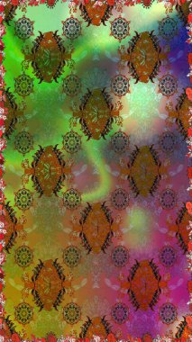 Renkli Bahar Temalı Kusursuz Arkaplan. Raster illüstrasyonunda kusursuz çiçek deseni. Kahverengi ve yeşil renkli çiçekler. Düz Çiçek Elementleri Tasarımı.