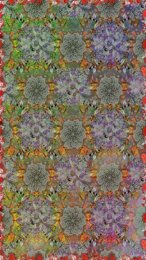 Gri ve kahverengi renkli Asya tekstili. Raster illüstrasyonu. Çiçeklerle suluboya desenleri.