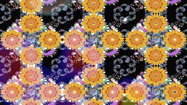 Raster illüstrasyonu. Siyah renklerde. Soyut çiçek çizim kalıbı arka planı. Küçük çiçekteki sevimli çiçek deseni. Raster deseni.